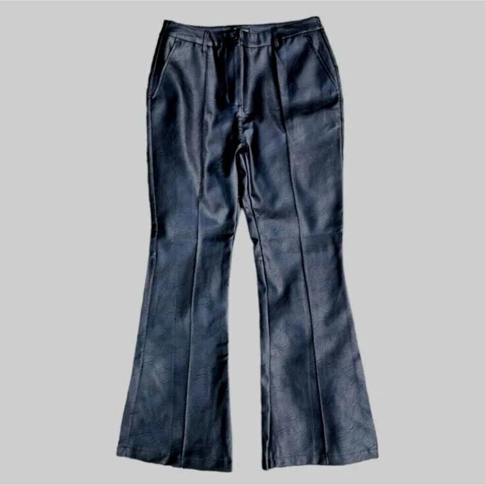 SHINESTAR Womens LARGE Black Flared Leg Vegan Leather Soft Pants Slacks Zip-up